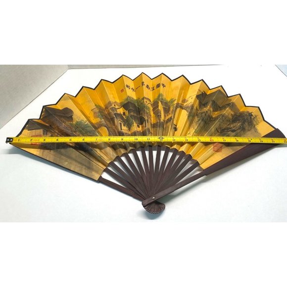 Vintage Chinese Folding Hand Fan Asian Village Scene 22" Span - Picture 3 of 10